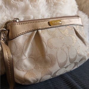Coach Metallic Gold & Cream Signature Pleated Wristlet